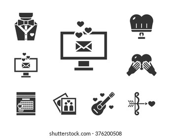 Sign and symbols of love. Romantic events, love greetings and presents. Valentines day theme. Black silhouette style vector icons collection. Web design elements for business, site, mobile app. 