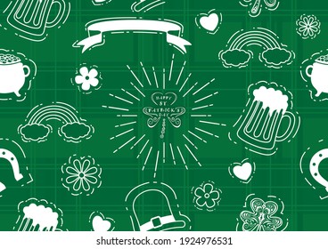 Sign and symbols of Saint Patrick's day in flat style on green background. Seamless gift wrap and wallpaper of Saint Patrick's day in vector design.