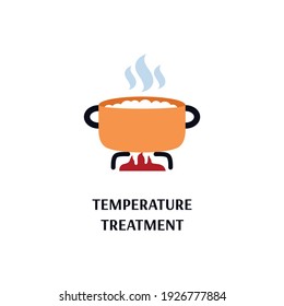 Sign of temperature or heat treatment a pot boiling on flame of gas, flat vector illustration isolated on white background. Temperature processing of water and food.