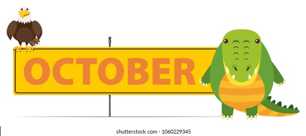 Sign template for October with crocodile illustration