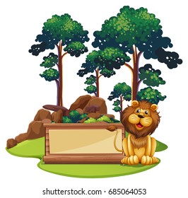 Sign template with wild lion in forest illustration