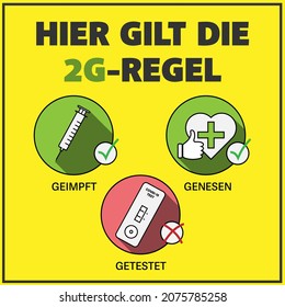 mit dem Text HIER GILT DIE 2G-REGEL, Deutsch für 2G RULE APPLIKATIONEN, Zugang nur für geimpfte und verwertete Personen, Vektorgrafik