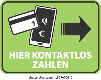 mit dem Text HIER KONTAKTLOS ZAHLEN, Deutsch für kontaktlose Zahlung hier, Vektorgrafik mit Smartphone und Kreditkarte