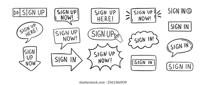 sign up text icon. Sign in doodle hand drawn icon set. Outline drawing line clipart symbol. Vector illustration