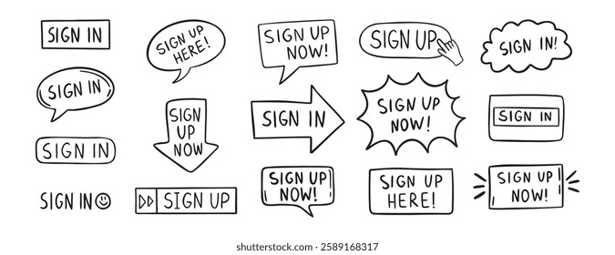 sign up text icon. Sign in doodle hand drawn icon set. Outline drawing line clipart symbol. Vector illustration