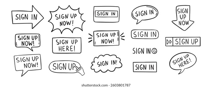 sign up text icon. Sign in doodle hand drawn icon set. Outline drawing line clipart symbol. Vector illustration