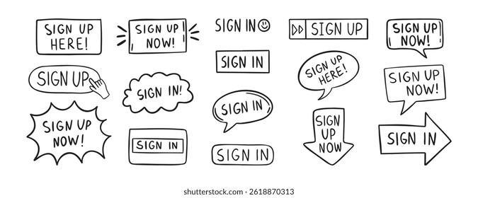 sign up text icon. Sign in doodle hand drawn icon set. Outline drawing line clipart symbol. Vector illustration