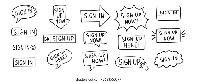 sign up text icon. Sign in doodle hand drawn icon set. Outline drawing line clipart symbol. Vector illustration