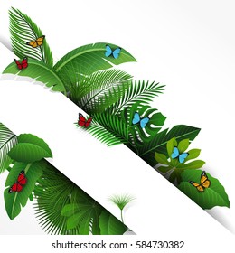 Sign with text space of Tropical Leaves and butterflies. Suitable for nature concept, vacation, and summer holiday. Vector Illustration