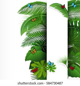 Sign with text space of Tropical Leaves and butterflies. Suitable for nature concept, vacation, and summer holiday. Vector Illustration