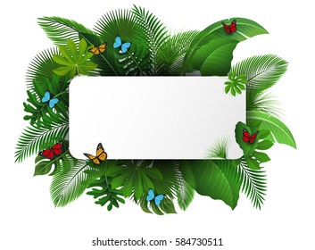 Sign with text space of Tropical Leaves and butterflies. Suitable for nature concept, vacation, and summer holiday. Vector Illustration