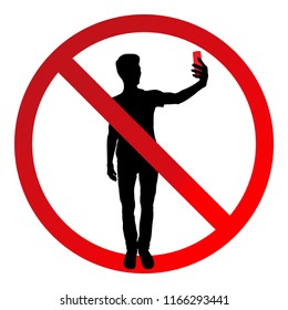 Sign that prohibits selfies and shooting on a smartphone. Vector illustration. Teenager silhouette