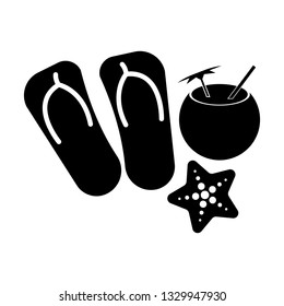 Sign traveler, cocktail, flip-flops, starfish, black on a white background, vector