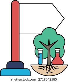 Un cartel con un árbol y una bandera. La señal apunta a la derecha. El árbol está rodeado por equipos científicos, incluyendo vasos y tubos de ensayo