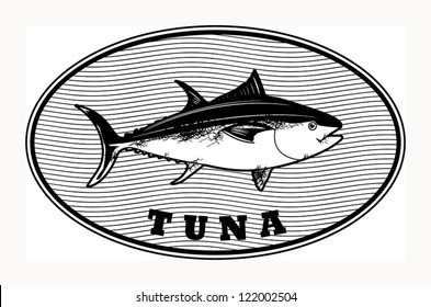 Sign of a tuna fish and the word tuna written inside, vector illustration