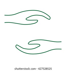 Sign two care hands. Image of protection. Colorfull symbol isolated on white background. Careful concept. Logo for conservation. Light flat silhouette. Protect mark. Stock vector illustration