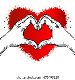 Sign, the two hands form a heart on the background of a red heart isolated. Vector illustration. A symbol of love.