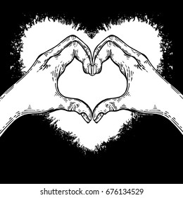 Sign, the two hands form a heart on the background of a white heart isolated. Vector illustration. A symbol of love.