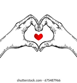 Sign, two hands shape a heart and holding a small red heart on a white background. vector illustration. A symbol of love.