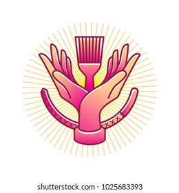 Sign of two hands with tools, in line art style