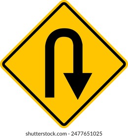 Sign U turn. Turn right. Warning yellow road sign. There is a turnaround area ahead. Diamond road sign. Rhombus road sign.