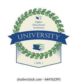 Sign university, coat of arms, education at university, vector label