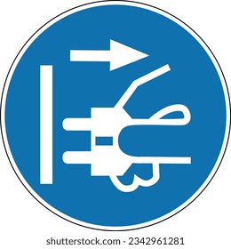 Sign unplug the power cord from the electrical outlet. Mandatory sign. Round blue sign. Disconnect the plug from the socket. Warning sign.