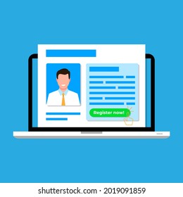 registrarse, formulario de registro digital en pantalla portátil, registrar ahora ilustración concepto de diseño plano vector eps10. elemento gráfico moderno para página de inicio, estado vacío ui, infografía, icono