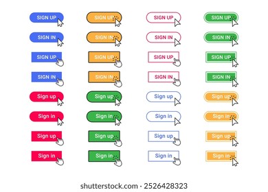 Registrarse, Iniciar sesión, Iniciar sesión Botón con cursor de Hacer clic