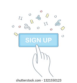 Sign Up, Login, Subscribe button with Human Hand and Confetti in flat design. The hand Pushes the Button, Successful Lead Conversion. Outline vector UI Element for Website Design, Banner.