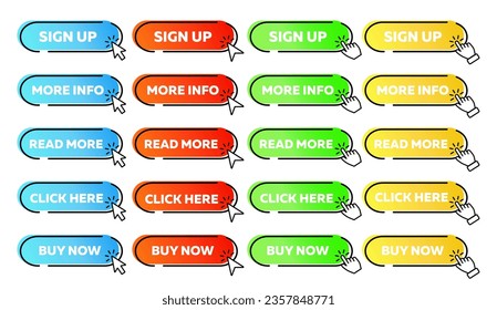 Sign up,Read More,Click Here,More Info,Buy Now buttons set with cursor.Web buttons icon.Buttons for Website.