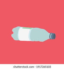 Sign of the used plastic bottle on the red background. The ecological problem, ocean pollution. Flat vector illustration