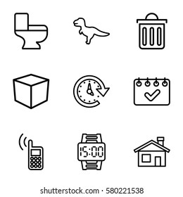 sign vector icons. Set of 9 sign outline icons such as house building, toilet, delete trash bin, time, phone, wrist dial watch, calendar, box