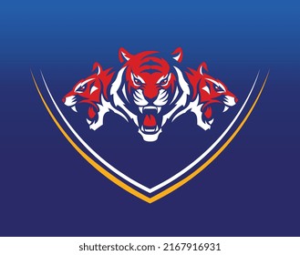 sign vector modern element  template style yellow white lines blue colour red poster background 3 head lion tiger animal icon logo symbol power angry