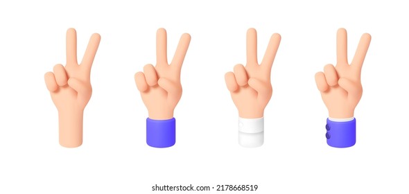 Sign of victory or peace. Gesture V. Set of 3d Cartoon Character Hand with different sleeves. Icon for Applications, Web, T-shirts, Advertising, Posters etc. isolated on white. Vector illustration