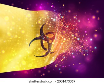 sign of viral and bacterial danger on a yellow vector 3d flag on pink purple background with lighting and flares