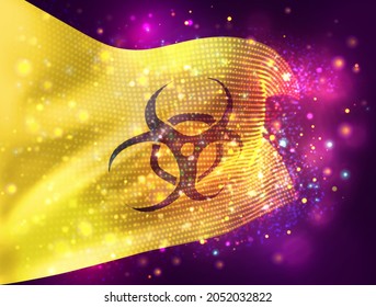 sign of viral and bacterial danger on a yellow vector 3d flag on pink purple background with lighting and flares