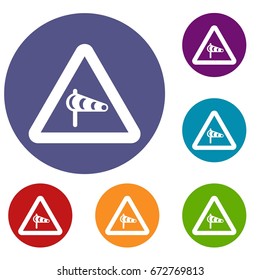 Sign warning about cross wind from the left icons set in flat circle reb, blue and green color for web