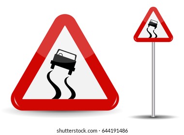 Sign Warning: Slippery road. In Red Triangle is a sketchy machine that skidded. Vector Illustration. EPS10