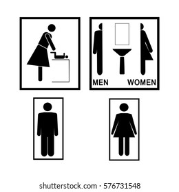 Sign WC set. Black silhouette men, women. Icon toilet unisex. Sign restroom women and men. Mark service and care newborn. Symbol information bathroom for hygiene. Flat vector image Vector illustration