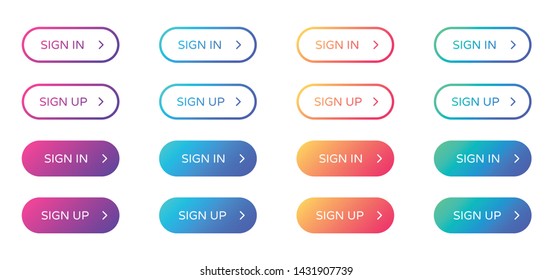 sign in sign up web buttons set. outline and filled ui web buttons in flat style. rounded vector buttons on trendy gradients with arrows for web and ui design