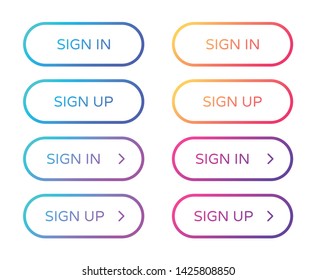 sign in sign up web buttons set. rounded vector buttons on trendy gradients with arrows for web and ui design. outline ui web buttons in flat style
