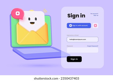 Sign in web page concept. Account login and password form page on screen. Sign in to account, user authorization, login authentication page concept. 3d Vector Illustration