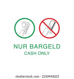 The sign in which hand holds banknotes. A prohibition sign with a credit card in its hand. In German, the phrase means "cash only".