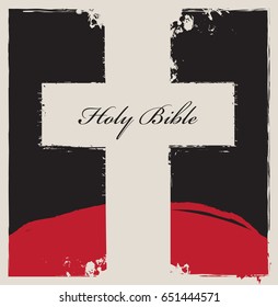 sign of the white cross on an abstract black background with a red mountain in the background and inscription Holy Bible