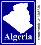 sign as a white silhouette map of Algeria with an inscription on a blue background
