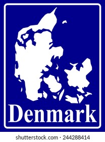 sign as a white silhouette map of Denmark with an inscription on a blue background 