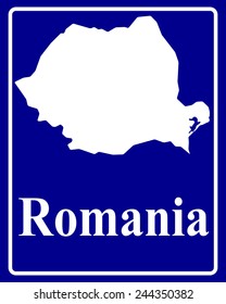 sign as a white silhouette map of Romania with an inscription on a blue background