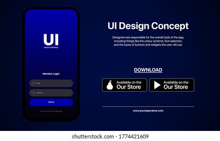 Sign In Window Interface Concept. UI Design Concept. New App Promotion. Download Buttons. App Store. Social Media Vector Illustration On Blue Gradient Background