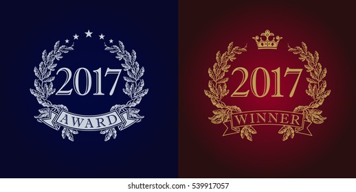The sign of winner for competitions 2017 in frame of the laurel branches arms. Awards 2017 vintage logo